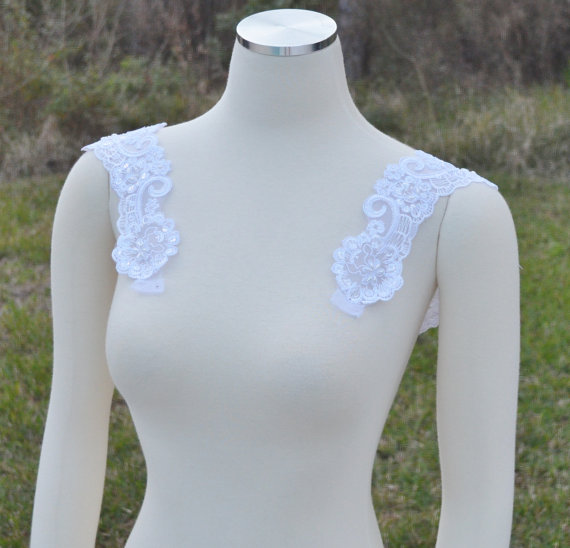 Hochzeit - Detachable White Beaded Lace Straps to Add to your Wedding Dress it Can be Customize