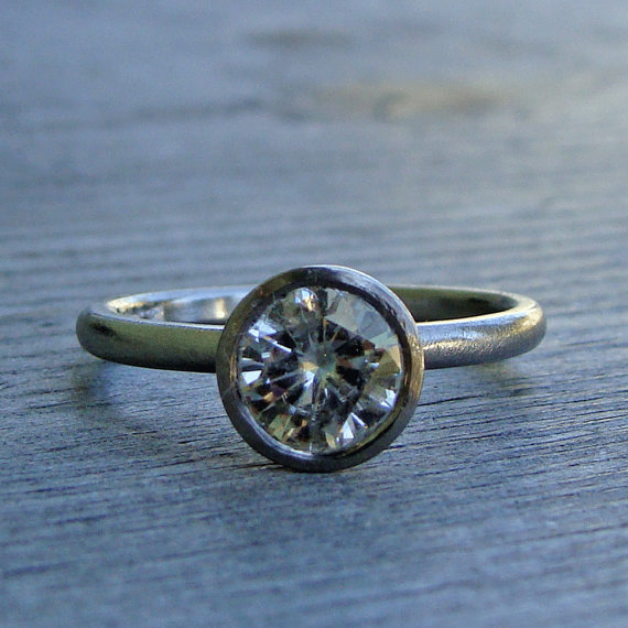 Wedding - Eco-Friendly Forever Brilliant Moissanite and Brushed/Matte 950 Palladium Engagement Ring - Diamond Alternative - size 8