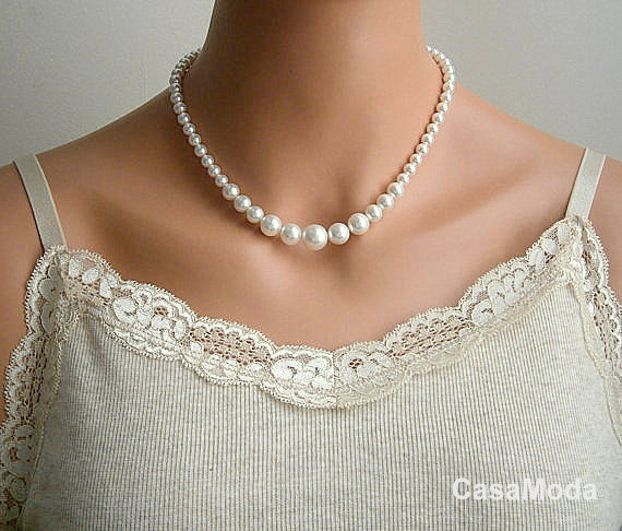 Wedding - Pearl Necklace, Bridal Pearl Necklace, Vintage Style Necklace, While pearl necklace, dark knight necklace, Bridesmaids Gifts, bridal party