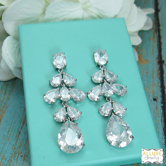 Hochzeit - Wedding earrings, tear drop cubic zirconia earrings, wedding jewelry, bridal jewelry, wedding earrings, bridal earrings, long cz earrings