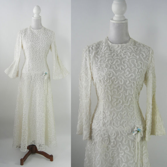 Hochzeit - Vintage Wedding Dress - White - 1960 - Bohemian -Boho - Ribbon Chiffon Dress - Wedding Gown - Bridal - Flutter Sleeves - Long Sleeves - 1970