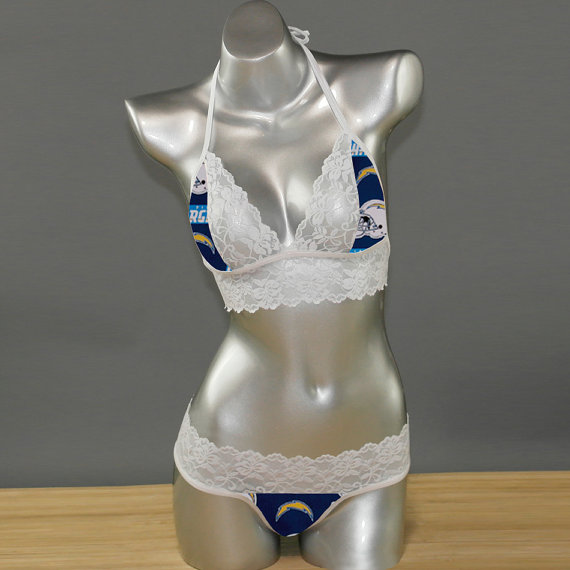 زفاف - Sexy handmade with NFL San Diego Chargers fabric with white scallped lace accent top with matching G string panty lingerie set
