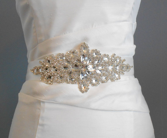 زفاف - SALE    Bridal Sash, A Burst of Crystals Marquis And  Brilliant Oval Crystals Sash Wedding Dress Sash, Rhinestone Sash Satin Tie