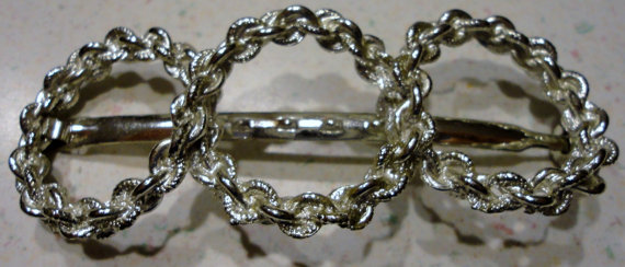 زفاف - Vintage 1960 Silver Tone Barrette Chain Links Accessories Hair Decorations Three Circles Of Love Wedding Heavy Metal