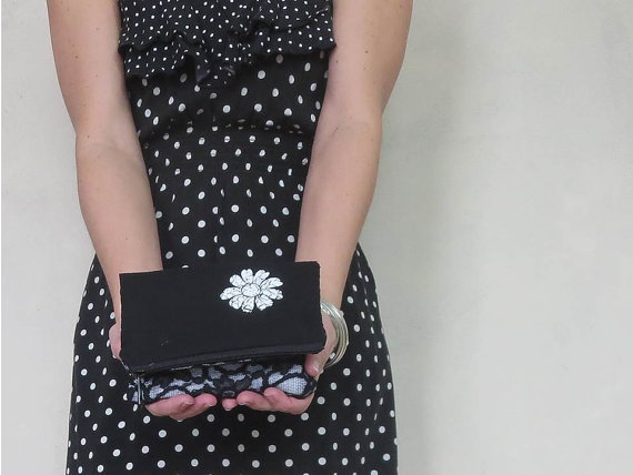 Wedding - Black clutch with white daisy accent. lace fold over zipper pouch for makeup or checkbook or iPhone. wedding bridesmaids clutch.