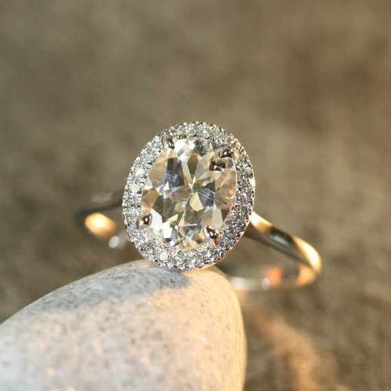 Hochzeit - White Topaz and Diamond Halo Engagement Ring in 14k White Gold 9x7mm Oval Topaz Gemstone Ring (Bridal Wedding Ring Set Available)