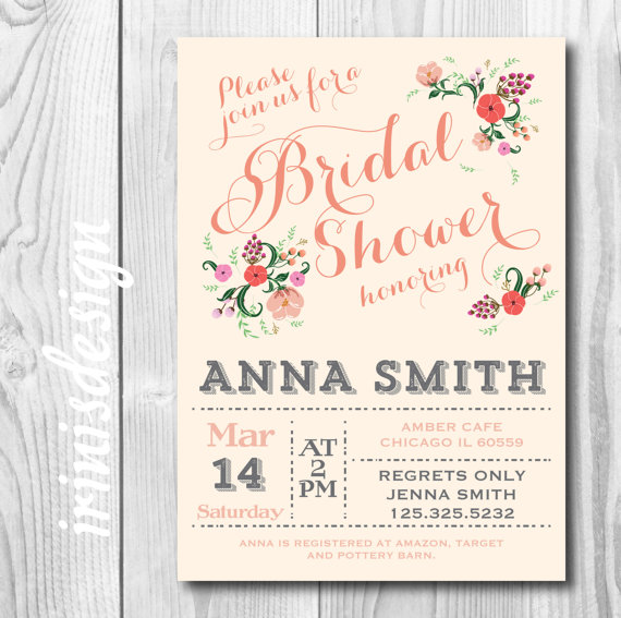 زفاف - Peach Blossom coral pastel Country Shabby Chic Bridal or Baby light Floral Flowers Shower Rustic Wedding Shower Invitation Vintage 