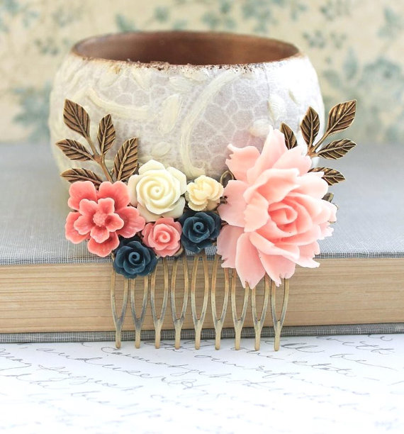 Wedding - Pink Rose Comb Coral Bridal Hair Comb Beach Wedding Hair Accessories Navy Blue Floral Comb Country Chic Bridal Accessories Romantic Pretty