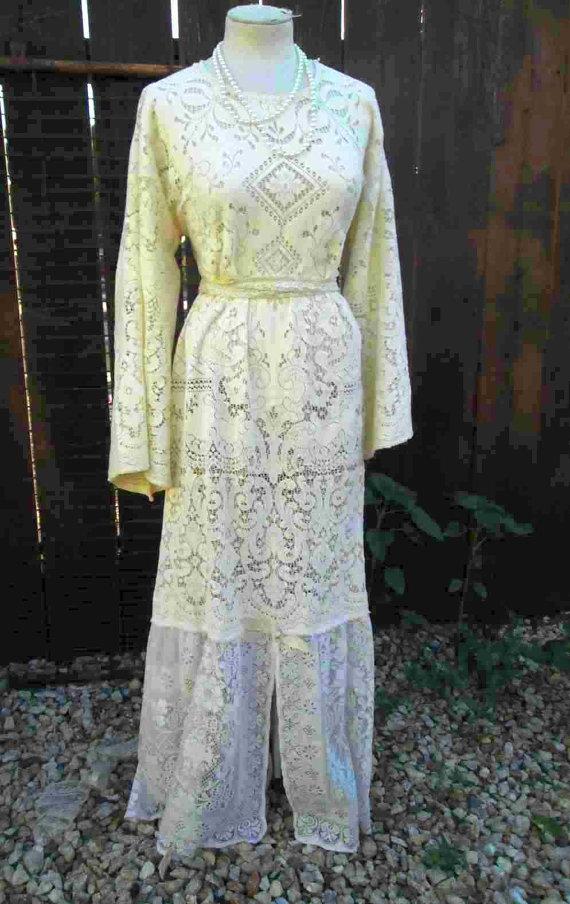 زفاف - Boho Bride vintage Ivory Lace Dress  Vintage Wedding gown 20s style Crochet lace beach maxi dress M
