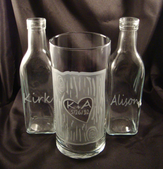 Mariage - Wedding Sand Unity  Set - Rustic Personalized for the Bride and Groom -  Custom Etched Glass