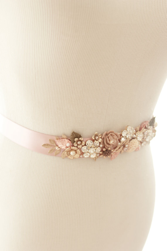 Hochzeit - Bridal Vintage Wedding Belt, Vintage Brass Flower Sash, Harvest Sash