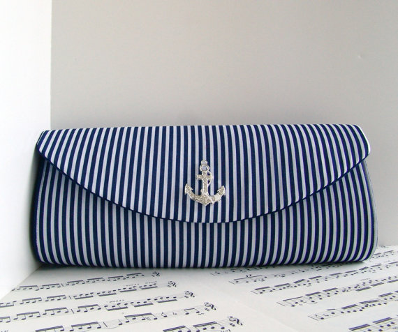 Mariage - Nautical clutch, navy blue clutch bag, silver rhinestone anchor clutch, bridesmaid gift, nautical wedding. Made to order