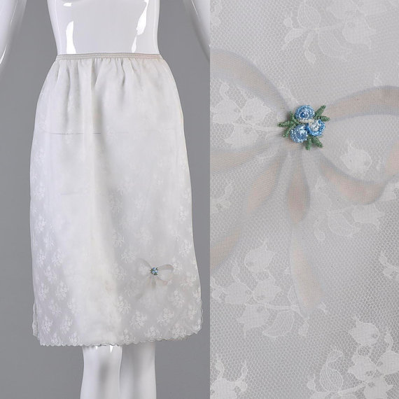 Wedding - NOS Deadstock Vintage 60s Layered Chiffon Lace White Half Slip Blue Bow Applique Charmode Medium
