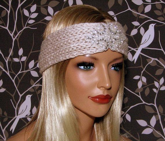 زفاف - Knit Headband, Womens Beaded Embellished Winter Headbands, Bohemian Ear Warmer, Boho Elegant Formal Wedding Bridesmaid Gift for Her