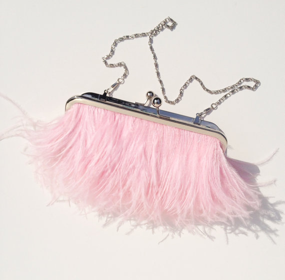 Свадьба - Light Pink Ostrich Feather Purse - Bridal Clutch - Wedding Purse - embroidered - custom