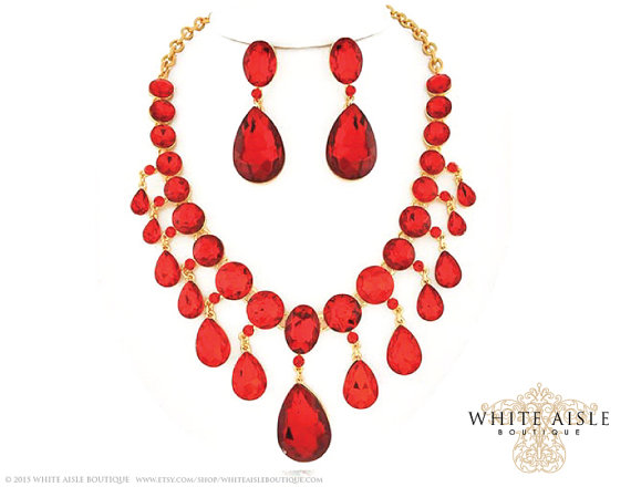 زفاف - Red Crystal Drop Necklace, Wedding Jewelry Set, Vintage Inspired Necklace, Bridal Statement Necklace, Chunky Necklace