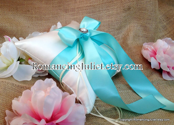 Свадьба - Romantic Satin Elite Ring Bearer Pillow with Delicate Pearl Accent...You Choose the Colors...BOGO Half Off...shown in ivory/aqua