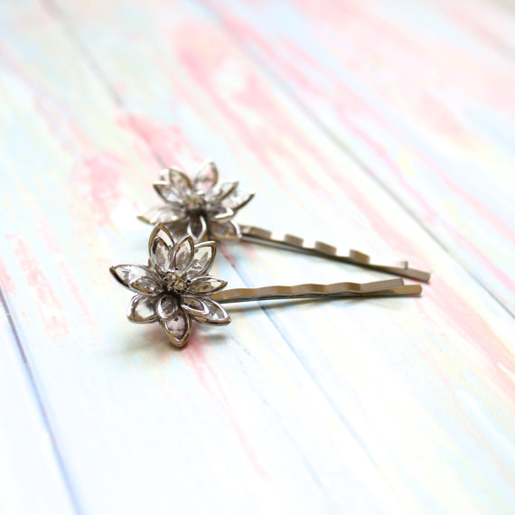 Hochzeit - Flower Hair Pins Retro Inspired Set of Two Bobby Pins Clear Flower Hair Accessories Wedding Bridal Flower Girl Wear Prom