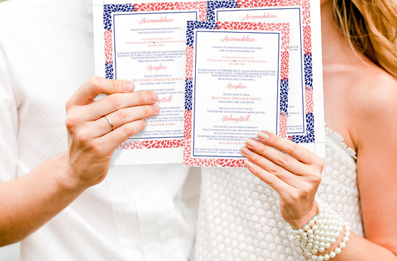 Wedding - DiY Wedding Invitation Backer Card - Download Instantly - EDITABLE TEXT - Chrysanthemum (Coral Pink & Navy)  - Microsoft® Word Format