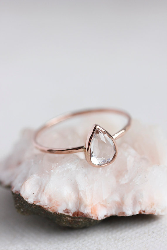 Wedding - White topaz gold ring, rose gold, yellow gold, white gold, pear cut, delicate, solid 14k gold thin stacking ring, eco friendly, engagement