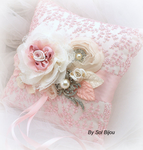 Wedding - Ring Bearer Pillow - Bridal Pillow in Light Pink and Ivory with Lace, Brooch, Jewels and Pearls- Vintage Blush