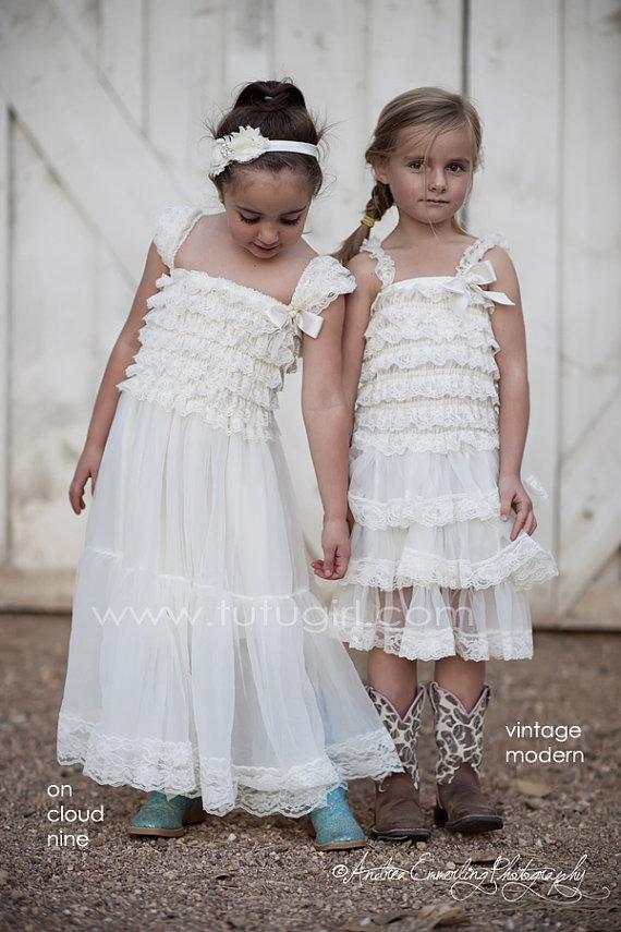 Hochzeit - Flower Girl Dress - Lace Rustic Dress, Country Girls Dress, Ruffles, Baby, Toddler, Ivory Gown