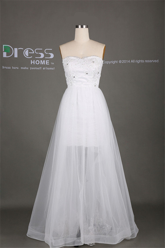 Mariage - Simple White Sweetheart Beading Lace A Line Long Wedding Dress/Floor Length See Through Organza Wedding Gown/Lace Bridal Dress DH298