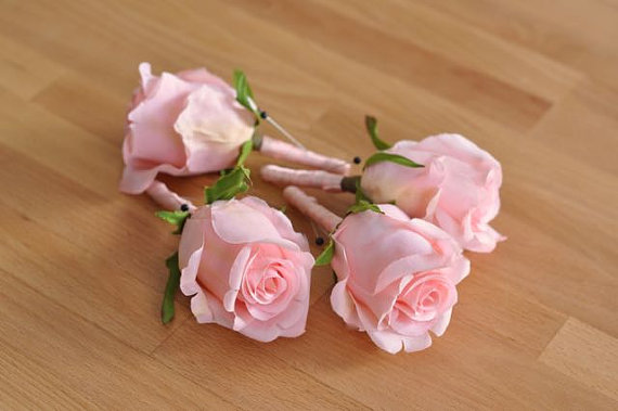 Wedding - Wedding Flowers, Coral Salmon Pink Rose boutonniere wrapped in ivory satin ribbon.