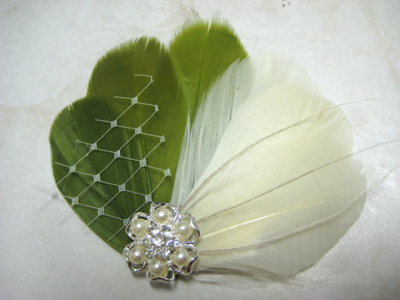 Hochzeit - Wedding Bridal Bridesmaid Ivory Olive Green Feather Pearl Rhinestone Jewel Veiling Head Piece Hair Clip Fascinator Accessory