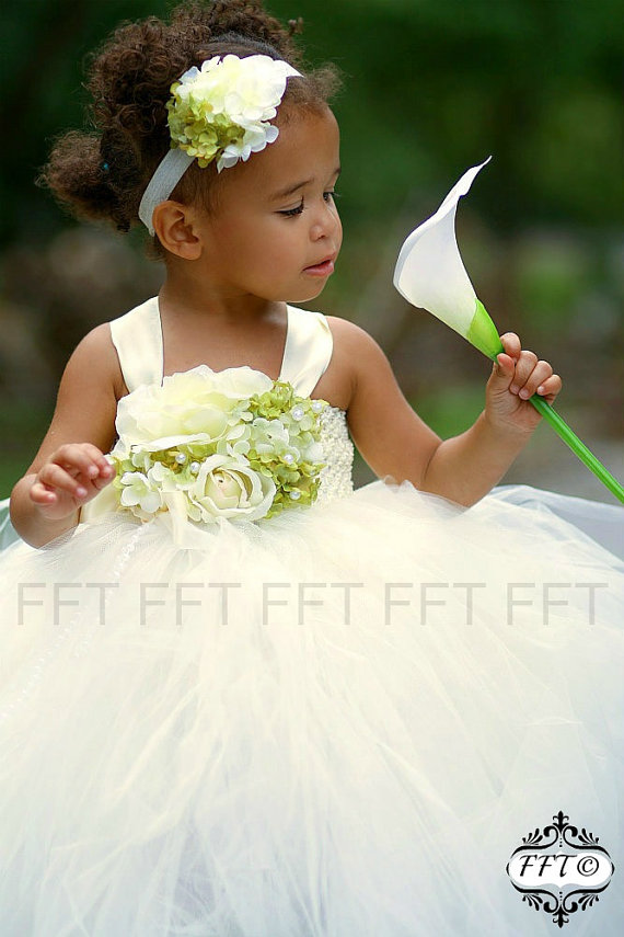 Wedding - Ivory, Green, Flower Girl Dress, Tutu Dress, Newborn-24m, 2t,2t,4t,5t, 6, birthday