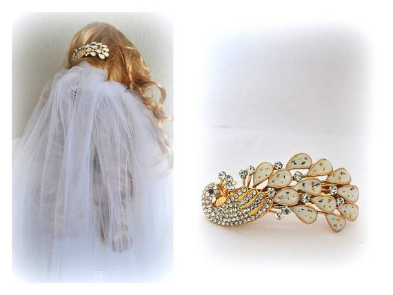 Hochzeit - Peacock with Veil Wedding Headpiece Bridal Headdress Jewelry Hair Clip Simple Comb Gold Retro Chic Crystal Beaded Barette