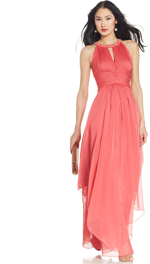 Wedding - Adrianna Papell Embellished Pleated Chiffon Halter Gown
