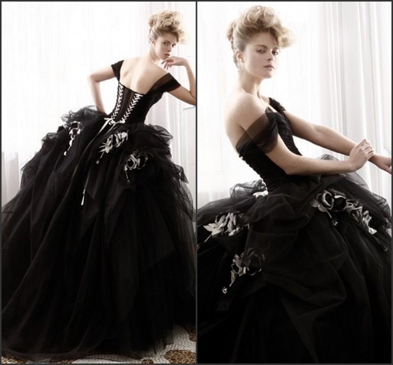 Свадьба - New Style 2015 Black Wedding Dresses Ball Gown Atelier Aimee Fall Off Shoulder Chapel Train Draped Flower Tulle Spring Bridal Dress Wedd Online with $120.95/Piece on Hjklp88's Store 