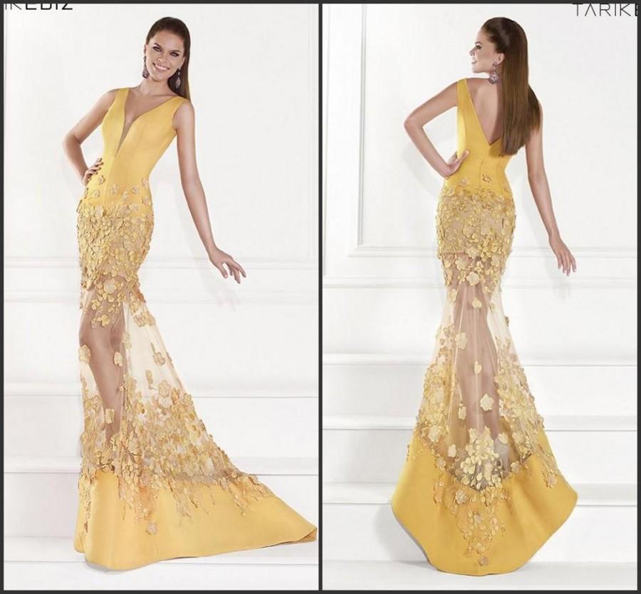 Mariage - Bright Mermaid Yellow Sexy Evening Dresses Applique Satin 2015 Tarik Ediz Party Formal Dresses For Woman Red Carpet Prom Gowns Dress Custom Online with $111.27/Piece on Hjklp88's Store 