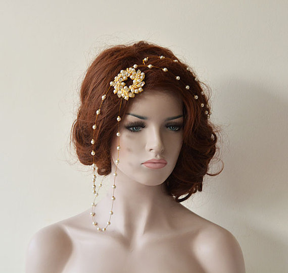 Hochzeit - Bridal Hair Accessories, Gold Headband, Rhinestone and Pearl Headband, Wedding hair Accessory, Hair Wrap Headband