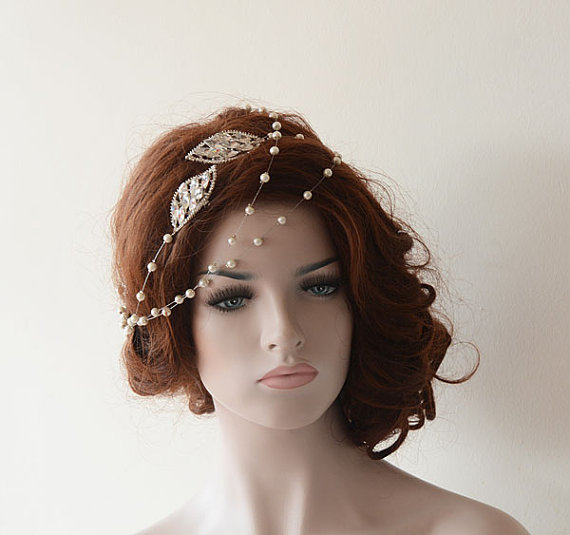 زفاف - Bridal Hair Accessories, Rhinestone and Pearl Headband, Wedding hair Accessory, Hair Wrap Headband