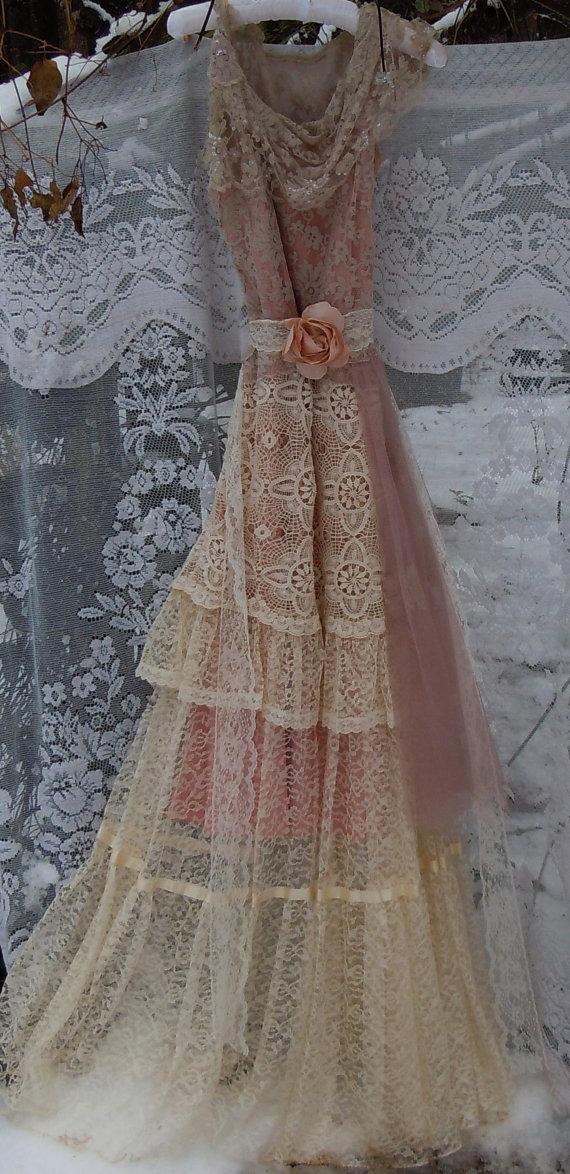 Mariage - Blush wedding dress cream lace  tulle satin vintage  edwardian bohemian romantic small by vintage opulence on Etsy