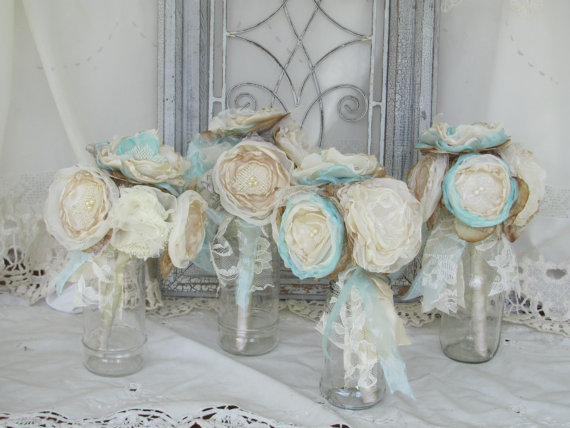 Hochzeit - Burlap Bridesmaids   Fabric Flower Bouquet Set of 4  Custom Order any color