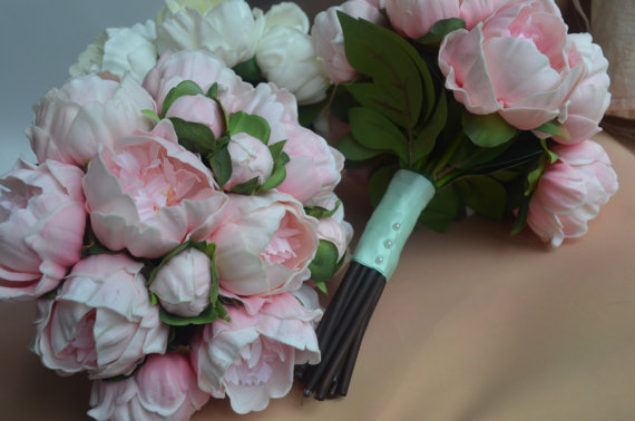 زفاف - Real Touch Peony Bridal Bouquet Artificial Peony Flowers Home Decor in White/Pink, bridesmaid bouquets