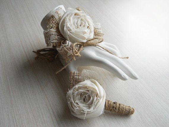 Wedding - Rustic Shabby Chic Wrist Corsage and/or Boutonniere, Cotton Rolled Roses, Burlap, Lace, Rustic Shabby Chic Style Weddings. Made to Order.