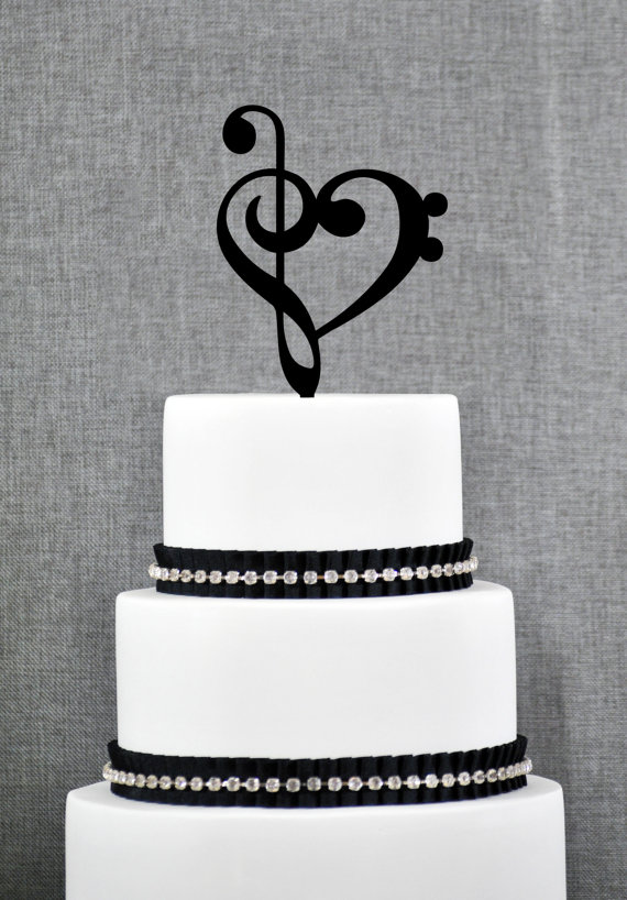 Hochzeit - Treble Bass Clef Heart Wedding Cake Topper, Music Heart Wedding Cake Topper, Music Wedding, Custom Colors.