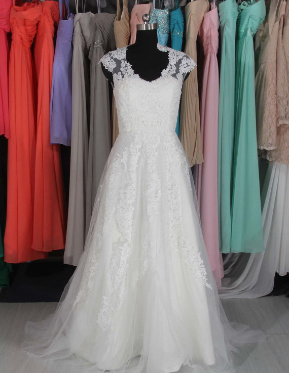 Wedding - Elegant V-neck Lace Tulle Wedding Dress, Custom Made Wedding Dress, Ivory Lace Bridal Dress, Wedding Dress 2015
