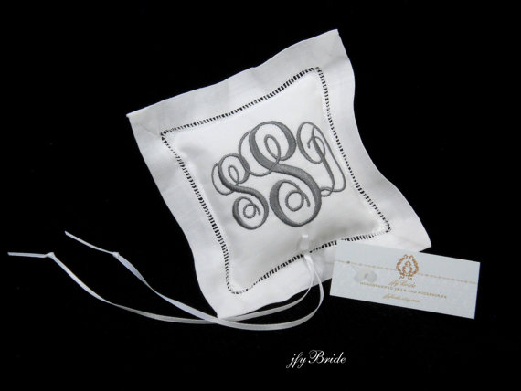 Mariage - Small Irish Linen Ring Bearer Pillow with delicate hemstitch Personalized with Monogram, Style 2342