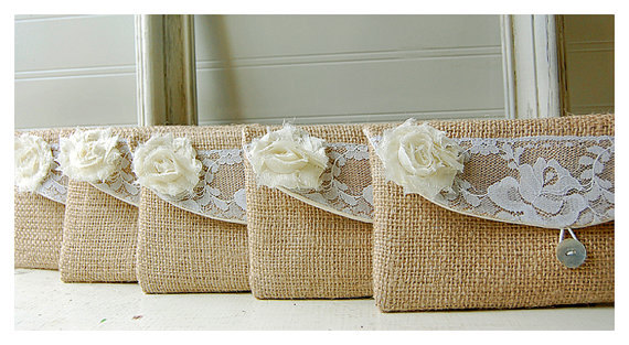 Hochzeit - burlap lace wedding, clutch purse, bridesmaid clutch, bridal, rustic wedding, shabby chic, choose flower color, Personalize, Bridesmaid gift