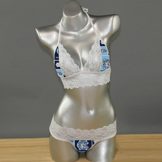 Mariage - Sexy handmade with NCAA North Carolina Tar Heels fabric with white scallped lace accent top with matching G string panty lingerie set