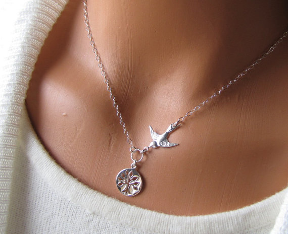 Свадьба - Roots To Grow Wings To Fly Tree And Bird Necklace Mother Gift For Daughter Children Wedding Sterling Silver Jewelry