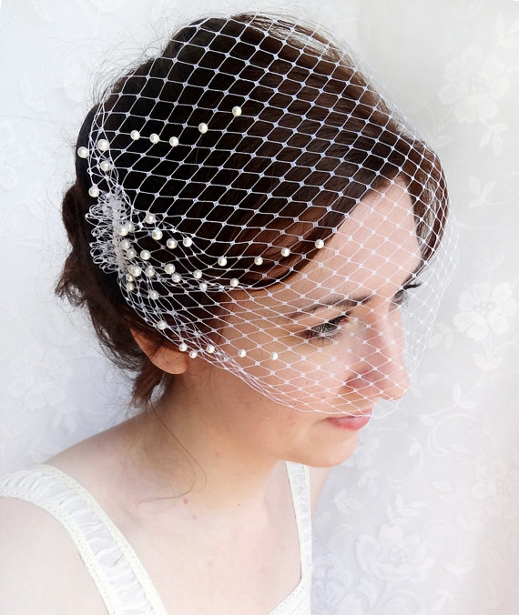 Hochzeit - birdcage veil with pearls, wedding bandeau veil, small birdcage veil, wedding veil - OCEAN MIST - white ivory beige hair accessory