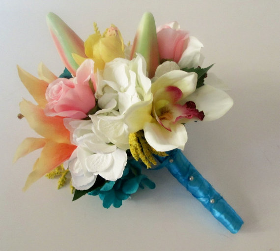 Hochzeit - Tropical Wedding Bouquet, Lily Bouquet, Beach Wedding, Destination Wedding Flowers, Rainbow Wedding Flowers, Cymbidium Orchid Bouquet