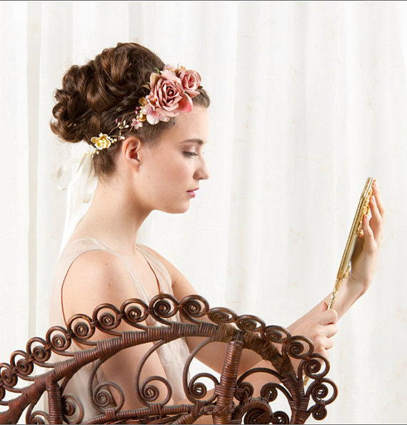 Hochzeit - bridal flower crown, mauve flower headpiece, vintage, wedding headband, floral hair wreath -VICTOIRE- champagne, mauve pink rose hair piece