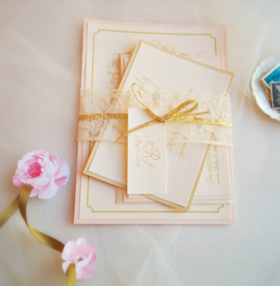 Hochzeit - Gold Wedding Invitation / Lace Invitations / Blush Wedding Invites / Vintage Romance Invitation Sample